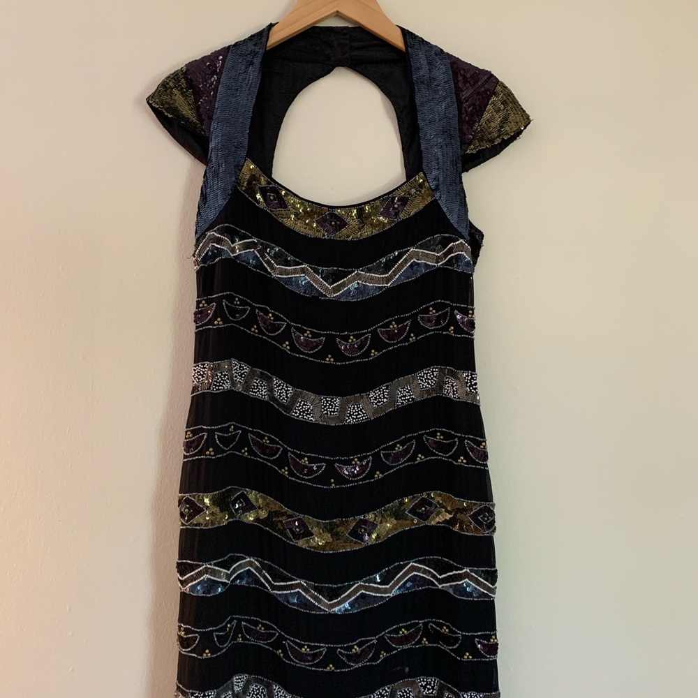 French Connection Elegant Black and Multicolor Beaded Patterned Dress